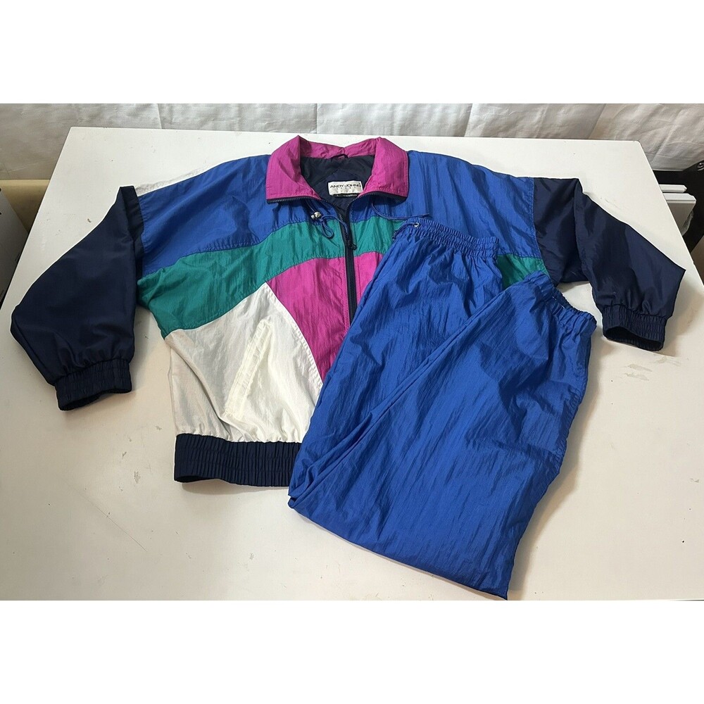 Vintage 1980’s Andy Johns Geometic Color Block Track Suit Jackets & Pants Size L